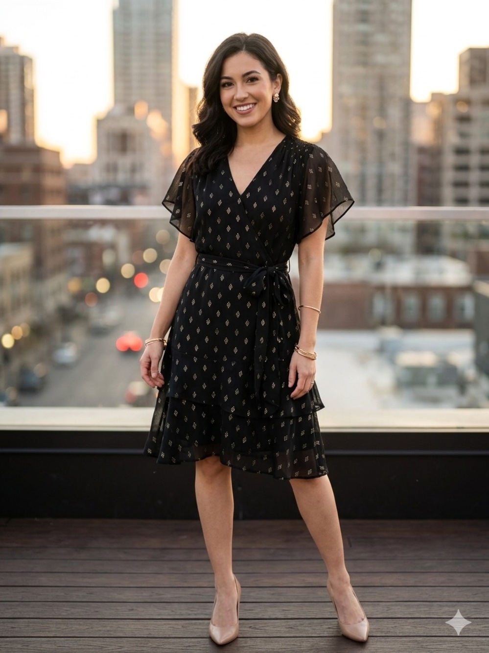 White House Black Market Black Printed V-Neck Tie-Waist Mini Dress